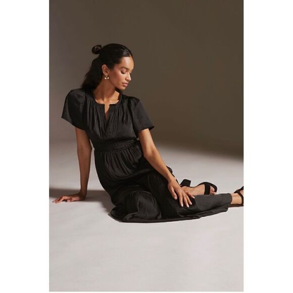 NEW Anthropologie Black Somerset Smocked Waist V-Neck Tiered Maxi Dress XX-Small - Picture 3 of 9